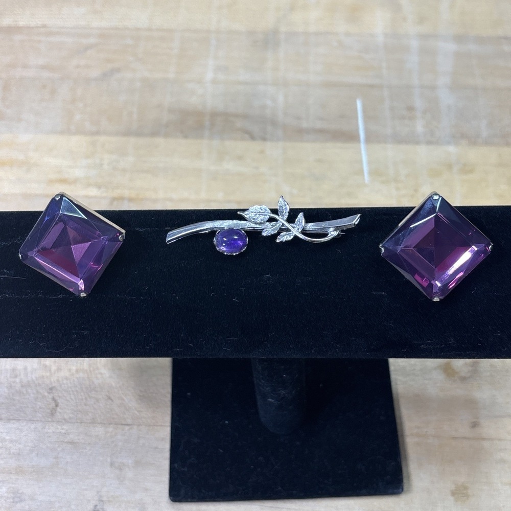 Vintage Amethyst Glass Brooch & Clip Earrings Set Bea's Rocks Gems KS
